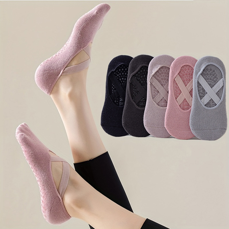 Pilates Ankle Strap - ถุงเท้าโยคะสีบริสุทธิ์ 5 คู่ของผู้หญิงฤดูร้อนใหม่สายรัดข้อเท้ากันลื่นถุงเท้าพิลาทิสสำหรับการฝึกอบรมในร่มและการออกกำลังกายบนพื้น
