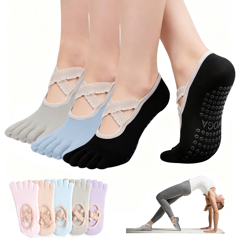 Pilates With Yoga - ถุงเท้าพิลาทิสกันลื่นสำหรับผู้หญิง ถุงเท้าโยคะแบบผูกเชือก ถุงเท้ากีฬาฟิตเนสระบายอากาศ ถุงเท้าบัลเลต์สำหรับสตูดิโอพิลาทิส