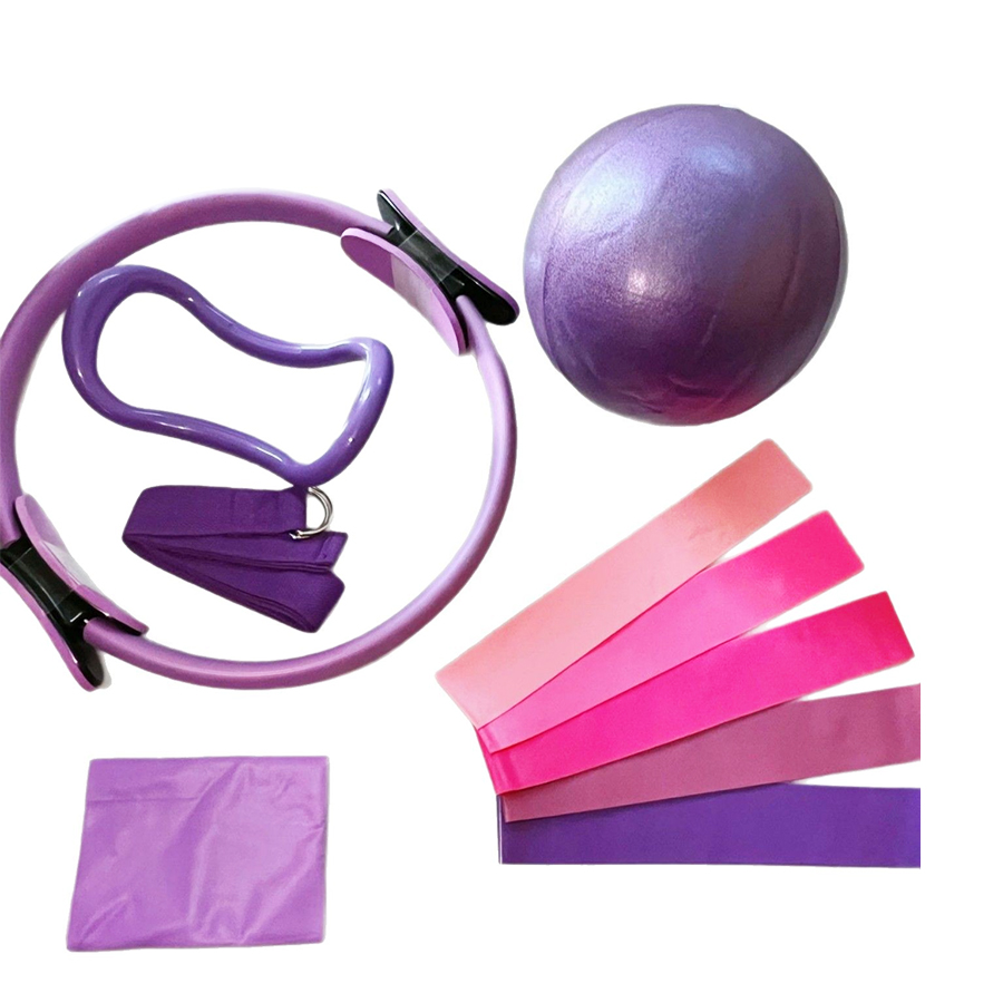 Pilates Yoga Resistance Ring - ชุดอุปกรณ์ออกกำลังกายที่บ้าน 5 ชิ้น พร้อมโลโก้สั่งทำพิเศษ ประกอบด้วย ลูกบอลพิลาทิสทรงกลมขนาด