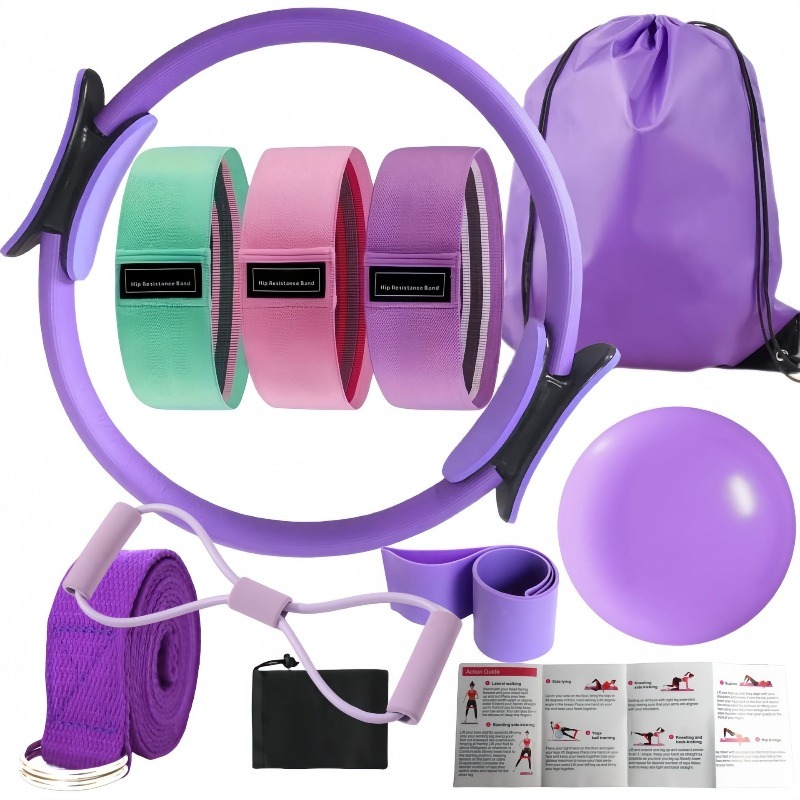 Pilates Yoga Resistance Ring - โยคะพิลาทิสผสมผสานชุด 10 ชิ้นพร้อมวงแหวนพิลาทิสและลูกบอลยกสะโพกพร้อมเข็มขัดต้านทานรูปตัว 8 ลูกบอลโยคะ 35
