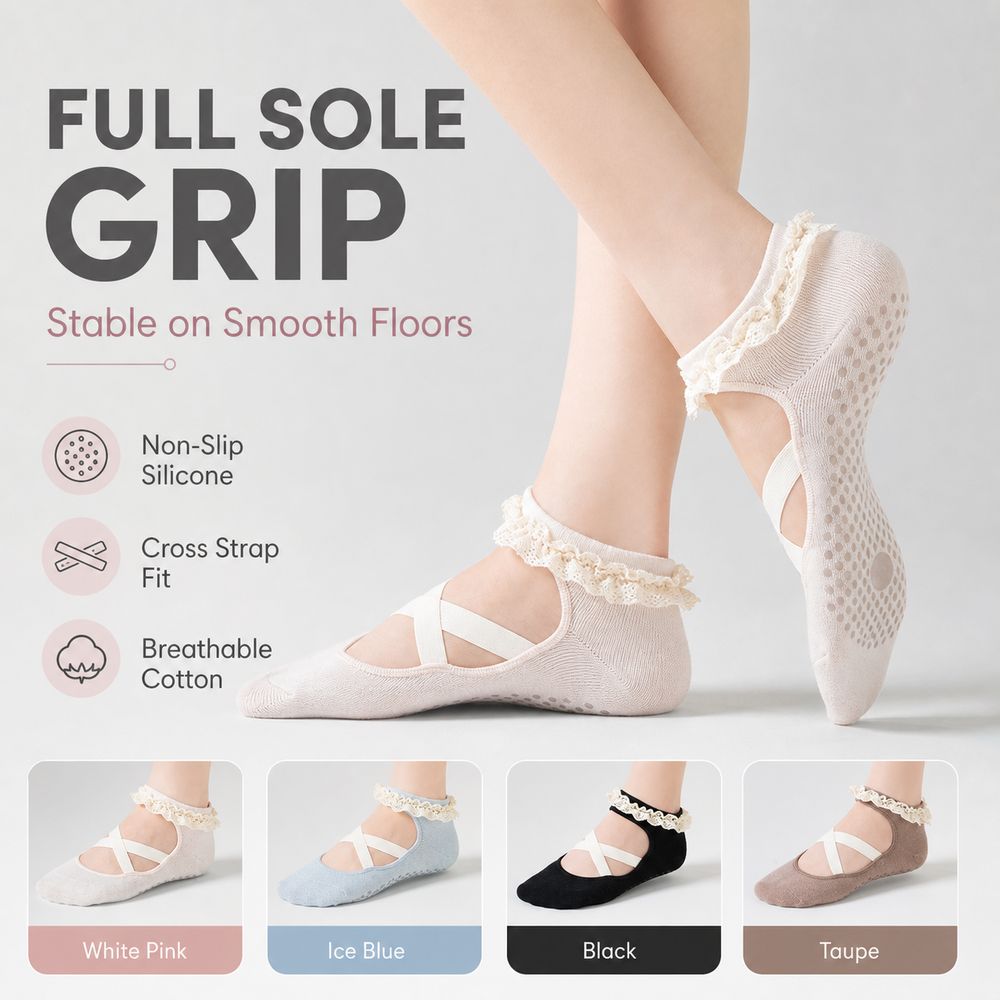 Pilates Ankle Strap - ถุงเท้าโยคะกันลื่นแบบใหม่ แต่งขอบลูกไม้ ระบายอากาศได้ดี ถุงเท้าข้อเท้าแบบตัดเฉียง สายรัดไขว้ยืดหยุ่น ถุงเท้าพิลาทิส